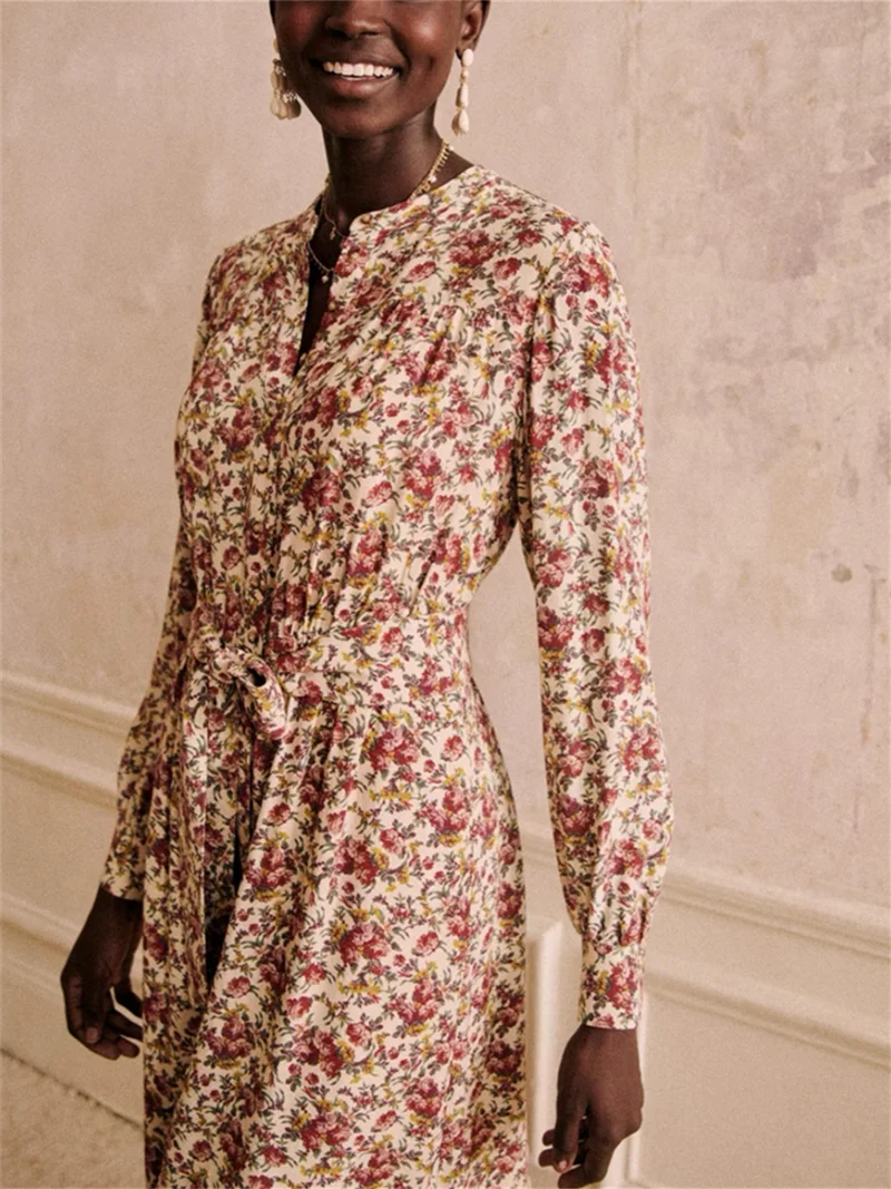Oversized V-neck Printed Dress Retro French Women