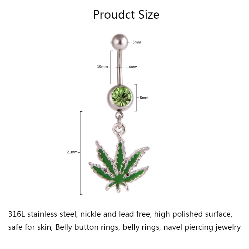 316L Stainless Steel Leaf Belly Button Ring for Women Green Maple Leaf Dangle Belly Rings Barbell Navel Body Piercing Jewelry