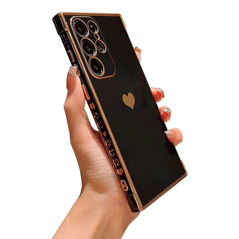 thumbnail image 1 of Funda enchapada de lujo para Samsung Galaxy A53, A52, A54, 5G, S21, S23, FE, S22, S24, Ultra, silicona suave con patrón de corazón lateral, 1 of 5