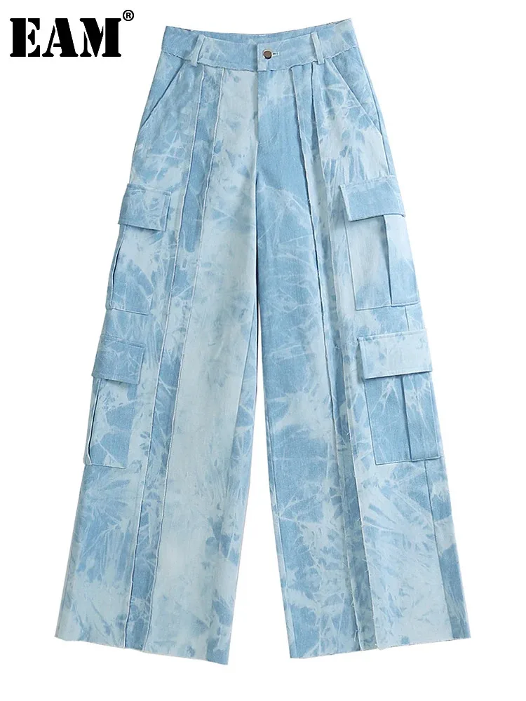 

[EAM] High Waist Blue Printed Denim Pocket Long Wide Leg Jeans New Loose Women Trousers Fashion Tide Spring Autumn 2024 1DF9441