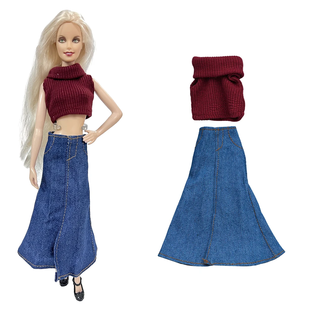 Nk 2 Pcs Princess Doll Model Dress 1/6: Top Lavorato A Maglia Con Collo In Piedi + Gonna Lunga In Denim Per Barbie Doll Accessori Per Vestiti Giocatto