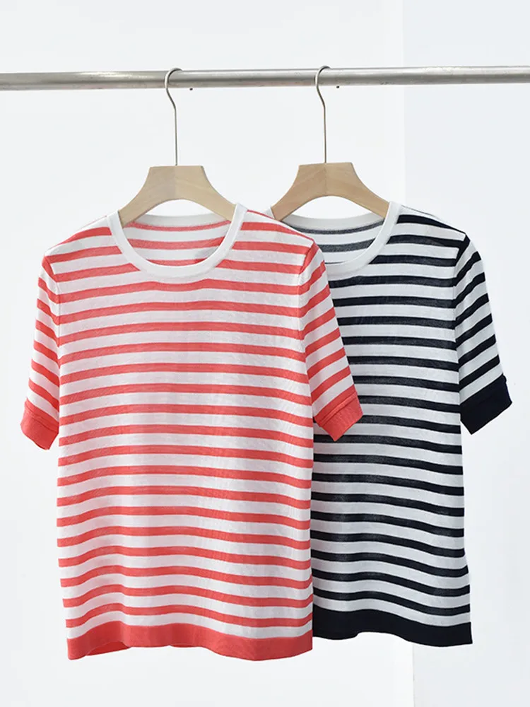 

Women Letter Jacquard Knit T-Shirt Color Patchwork Stripes Short Sleeve Knitwear Top Summer 2023 O-Neck Lady Tee