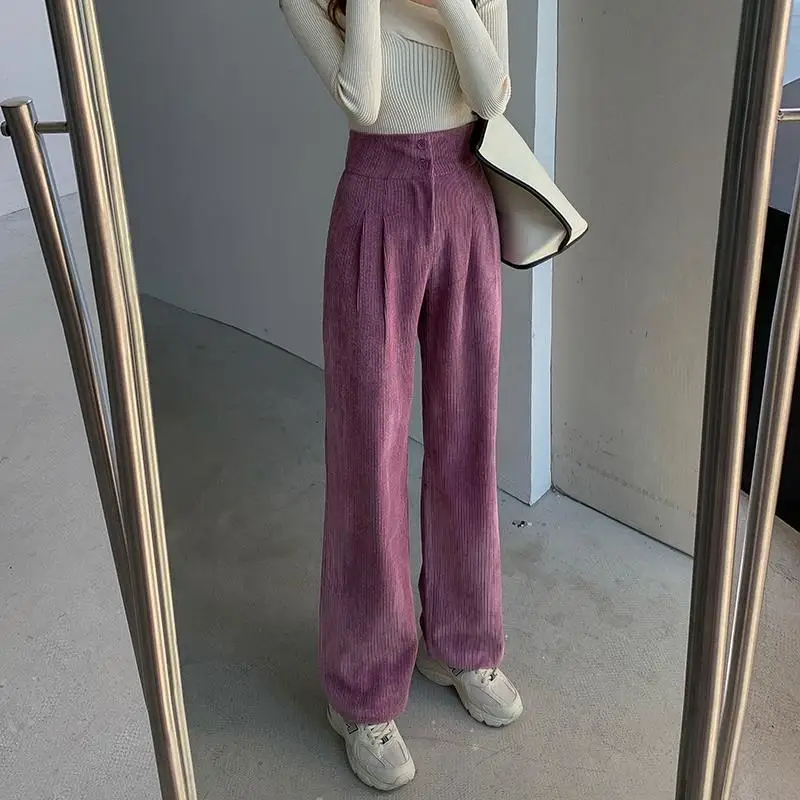 2024 New Fashion Women Corduroy Long Pant High Waist Double Button Loose Female Straight Leg Trousers Casual Pantalon Femme