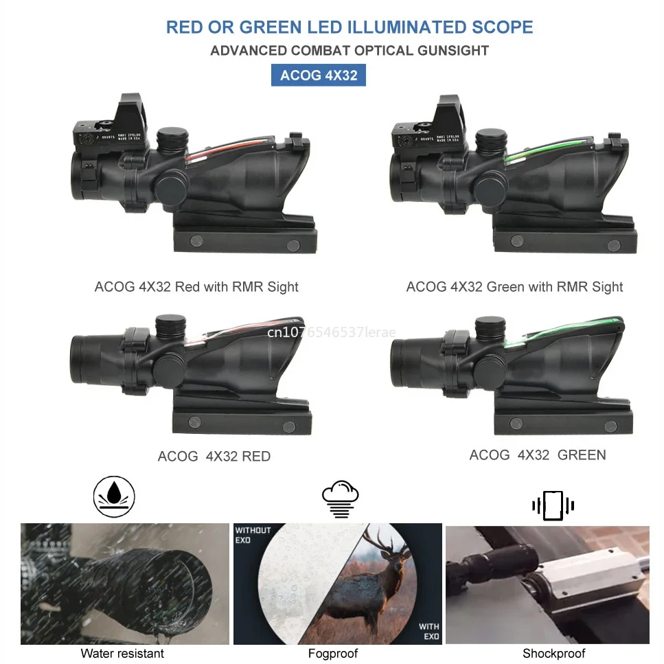 Red Dot Sight Tactical Magnifier Scope Trijicon ACOG 4X32 With RMR Real Fiber Optics Red Green Dot Illuminated Chevron Glass Etched Reticle Rifle Scope Hunting