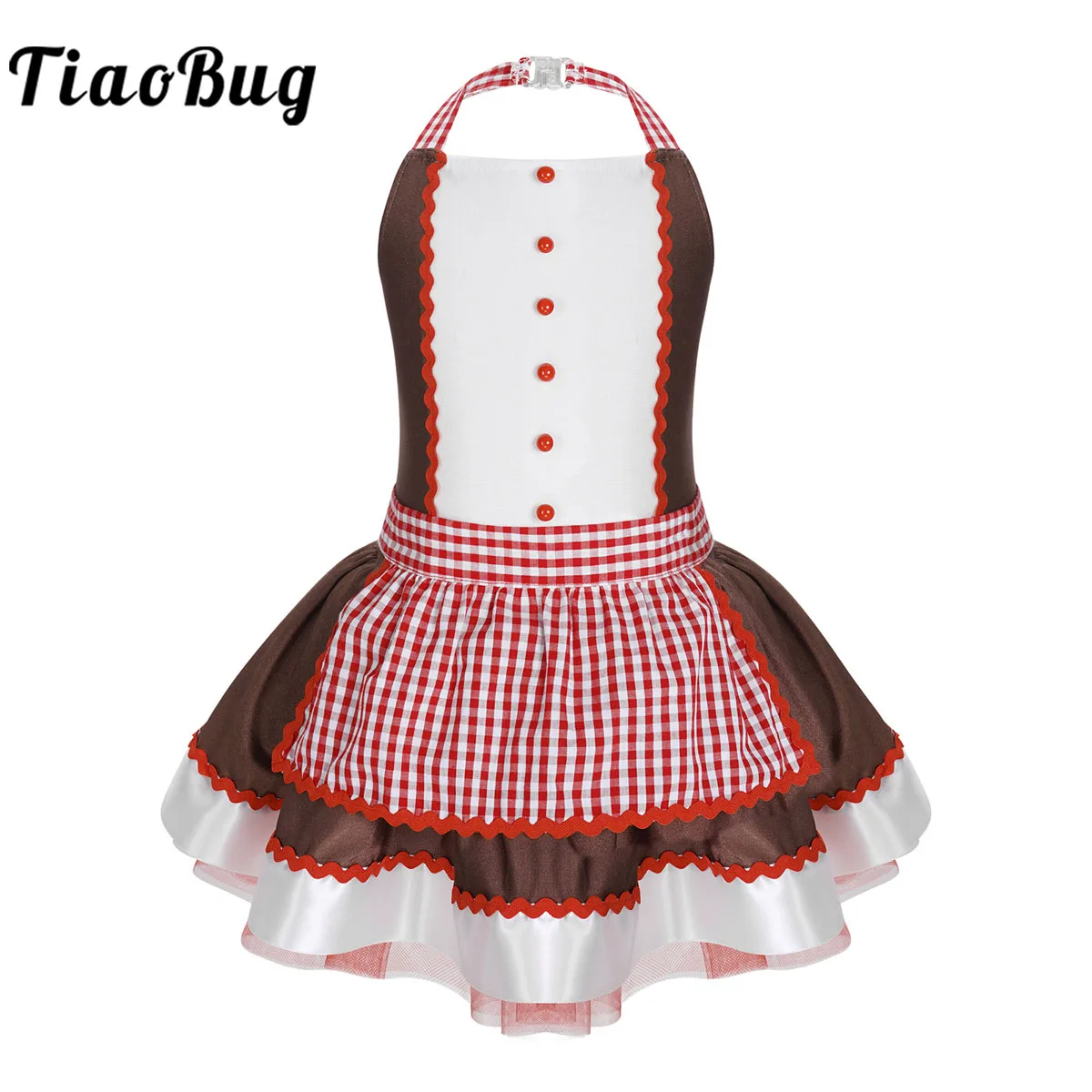 Kids Girls Christmas Gingerbread Dress Halter Neck Striped Bowknot Apron Tutu Dress Xmas Holiday Leotard Party Stage Dancewear