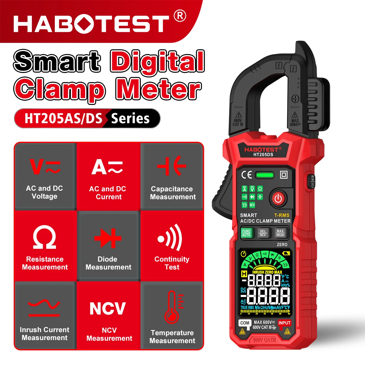 HT-205DS 트루 RMS 디지털 클램프 미터 600A AC DC 전류 멀티미터 NCV 전압계 저항 커패시턴스 온도 테스터 자동 측정기