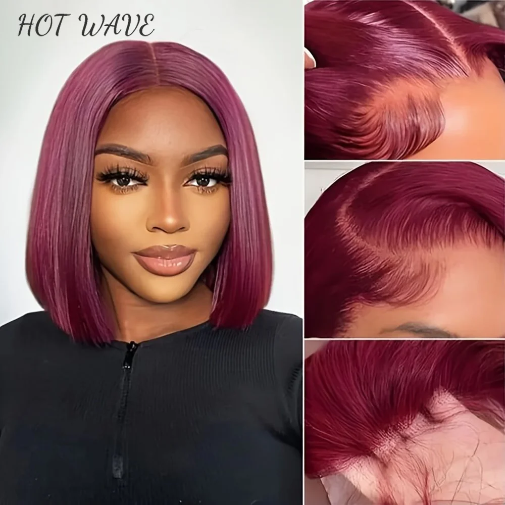 

99J Burgundy Short Bob Straight Wigs 13*4 Lace Front Wigs For Women Brazilian Remy Human Hair Wigs Red Colored 180% Density