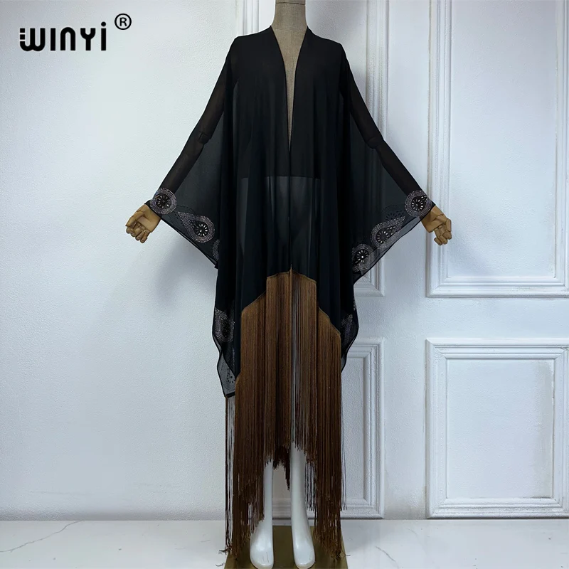 

WINYI kimono summer beach Bikini Cover-up Black sexy perspective tassel Hot drilling cardigan Holiday long Sleeve maxi dress