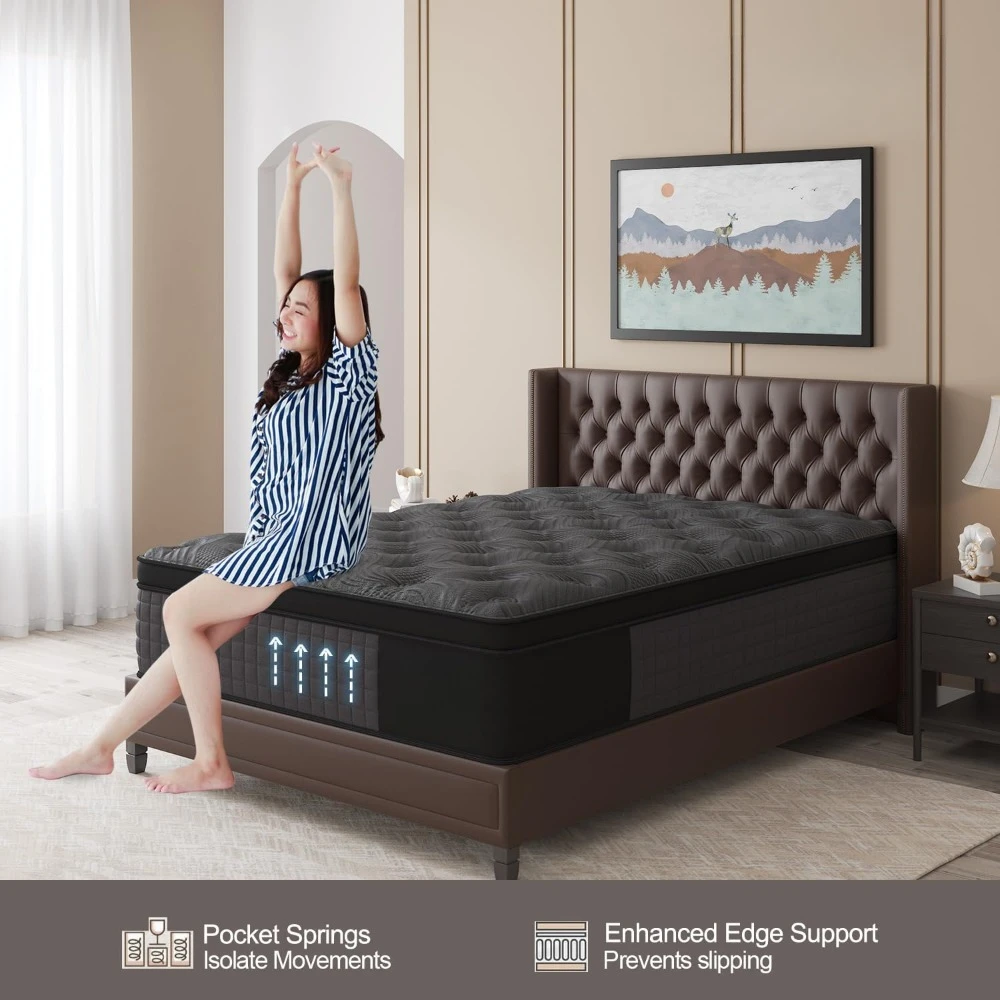 Queen Mattress, 14 Inch Hybrid Mattress with Gel Memory Foam and Individually Pocket Innerspring Euro Top Mattresses Medium Firm 4