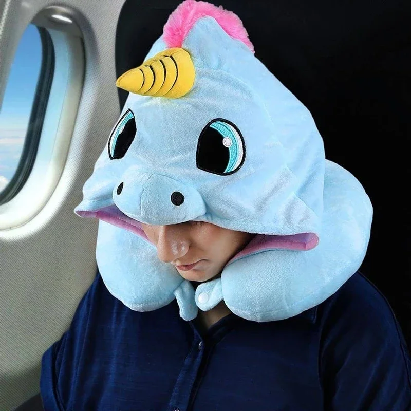 New U Shaped Neck Pillow for Airplane Travel Adults and Kids Travel Pillow Unicorn Cat Owl Pig Fox Memory Foam Hooded Pillows 6