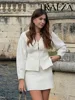 TRAFZA Women Spring Skirt Suits Solid V-Neck Long Sleeve Covered Button Cardigan+High Waist Knitted Mini Skirts Female Slim Sets 5