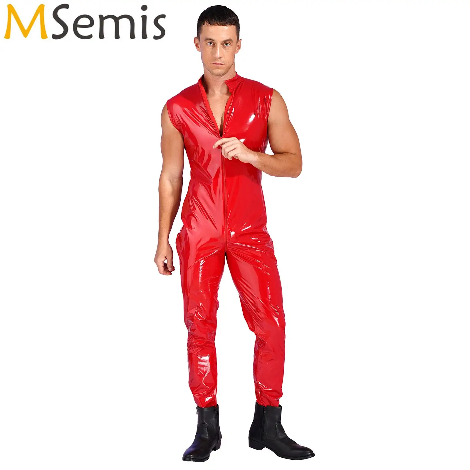 

Skinny jumpsuit sexy Mens Rave Party Outfit Patent Leather Zipper Crotch Full Bodysuit Wet Look Stand Collar Catsuit Clubwear