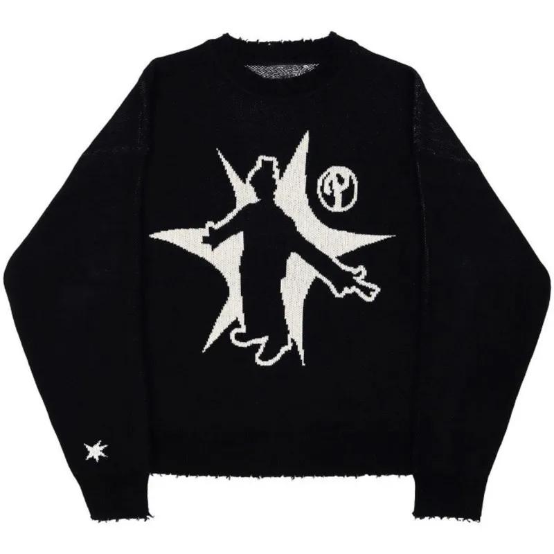 

Mens Winter Black Sweater Pullovers Knit Long Sleeve Tops Hip Hop Korean Harajuku Jumper Gorhic Coat Y2k Streetwear Pullover