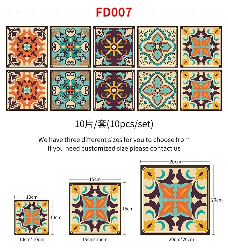 Description Picture 2 of itemBohemian Tile Wall Stickers, Peel And Stick, Waterproof Living Room Kitchen Bedroom Wall Stickers Home Wall Decoration