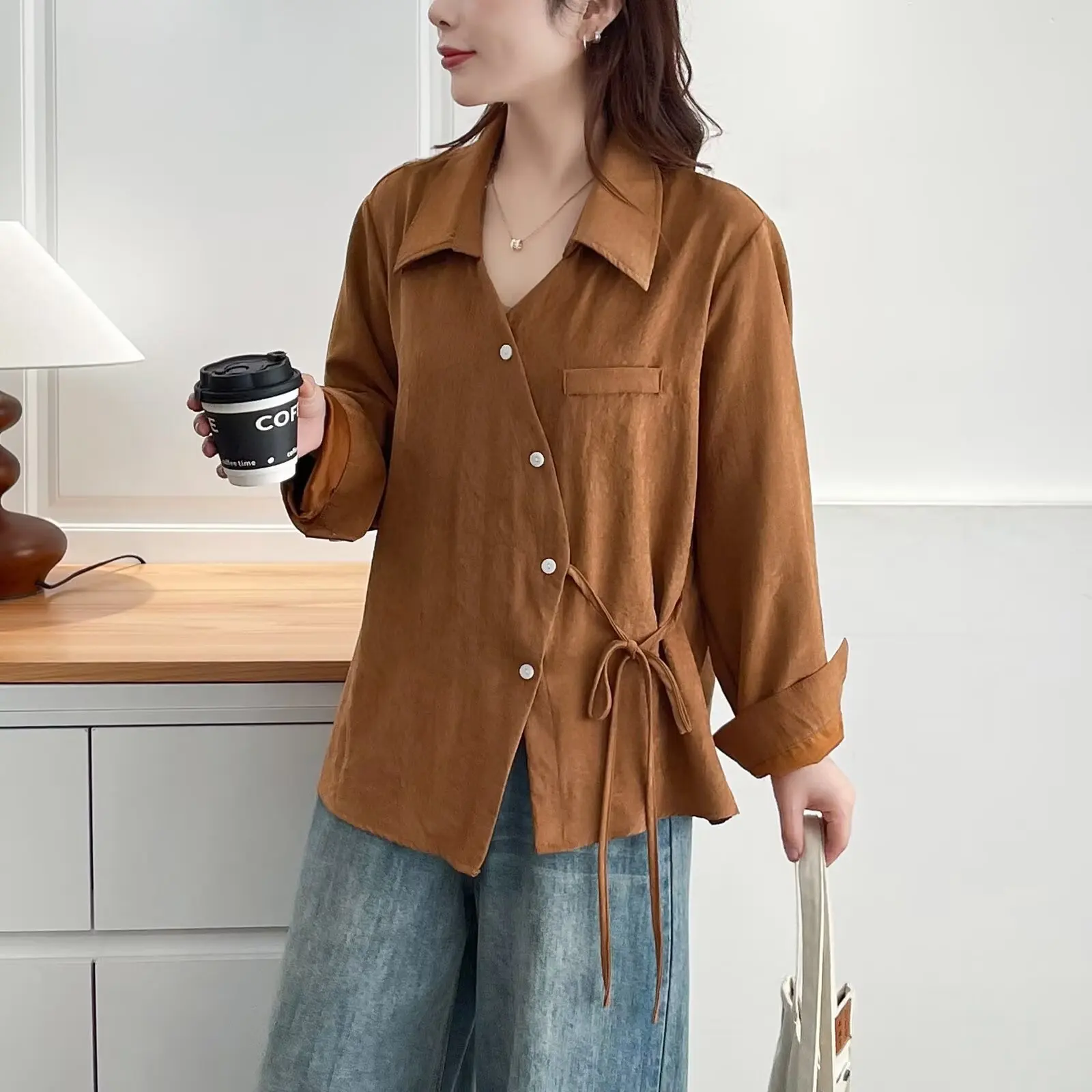 Fashion Plus Size Women's Blouses Autumn New Style V-Neck Tie Irregular Front Lapel Shirt Casual Top 038