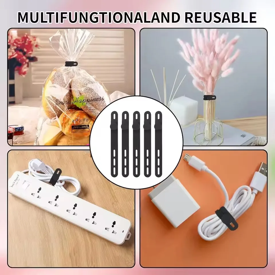 실리콘 케이블 타이 다양한 색상 재사용 가능 고강도 케이블 정리 도구, 코드 및 전선 고정용