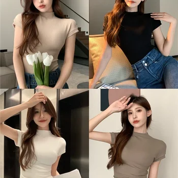 하프 하이 칼라 화이트 스레드 티셔츠 여성 가을 그물 붉은 뜨거운 소녀 타이트 스트레치 내부 착용 순수한 욕망 탑 짧은 소매 바닥 셔츠