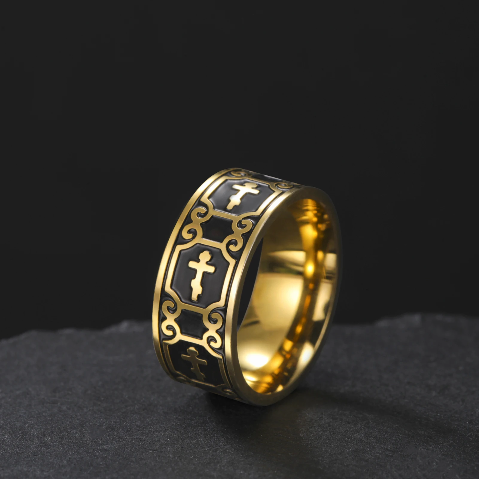 Kkjoy Ostorthodoxes Kreuz, korrosionsbeständiger schwarzer Ring aus Edelstahl, Retro-Schmuck, Glaubensschutz, Erlösung, für Mann und Frau, exklusives Geschenk – Detail 2