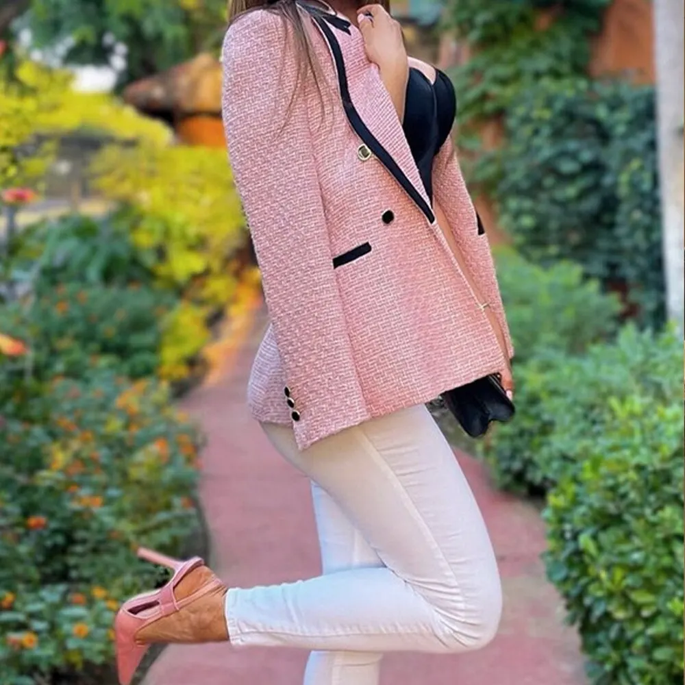 2023 Women Fashion Double Breasted Houndstooth Blazer Coat Vintage Long Sleeve Flap Pockets Female Outerwear Chic Vestes 6