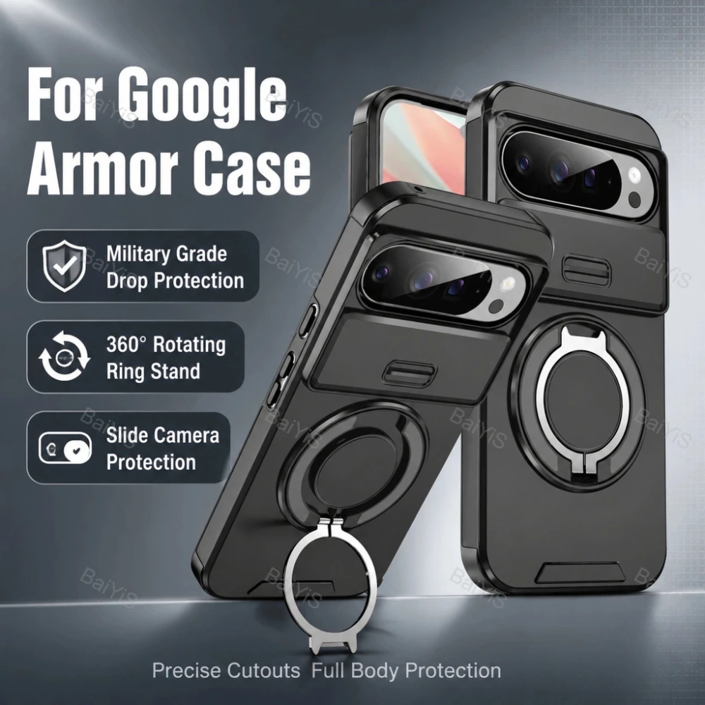Hybrid Dual Layer Magnetic Metal Stand Case with Slide Camera Lens Protector - Shockproof Cover