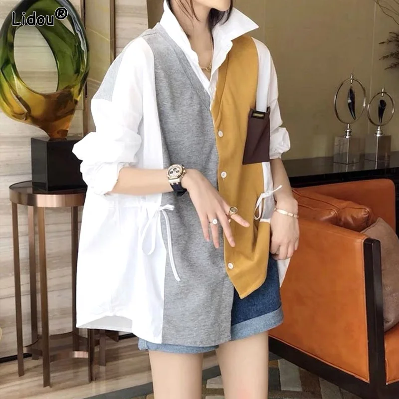 

Loose Contrasting Colors Splicing Asymmetrical T-Shirts Women's Clothing Turn-down Collar Casual Button Spring Summer Drawstring