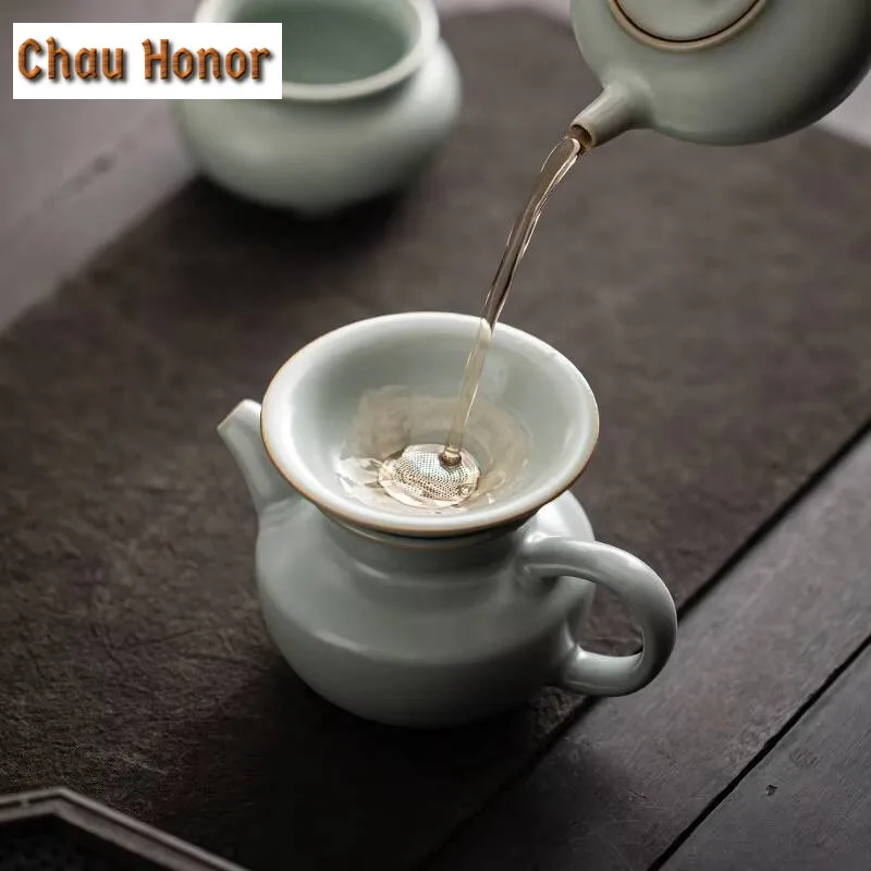 Boutique Ru Kiln Ceramic Tea Leakage Tea Separation Tea Residue Stainless Steel Filter Hole Handmade Household Tea Ceremony Gift