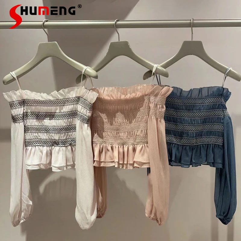 

Japanese Style Elegant Striped Blouses 2024 Spring Summer Sweet Off-Shoulder Ruffled Lantern Sleeve Color Matching Top Female