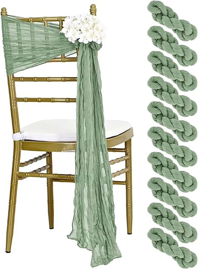 

10pcs Sage Green Cheesecloth Chair Sashes Rustic Bowknot Designed Chair Cover for Wedding Banquet Party Home Hotel Chair Decor