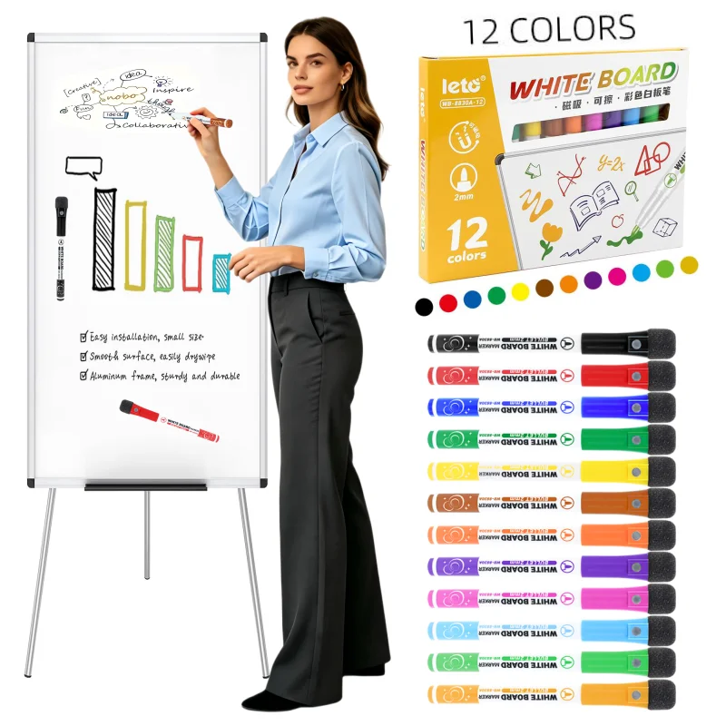 12COLORS 자석식 건식 지우개 마커, 지우개 포함, 속건성 잉크, 쉽게 쓰고 지울 수 있음, 사무용품, 학용품