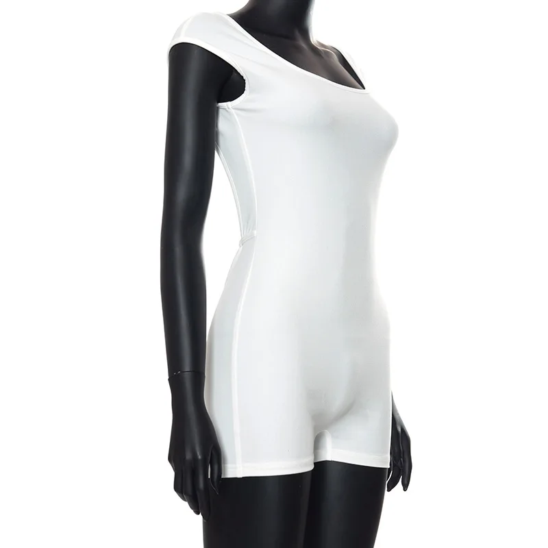 Mono corto ajustado blanco sin espalda para mujer, mono informal de manga corta, mono ajustado con hombros descubiertos, mono informal
