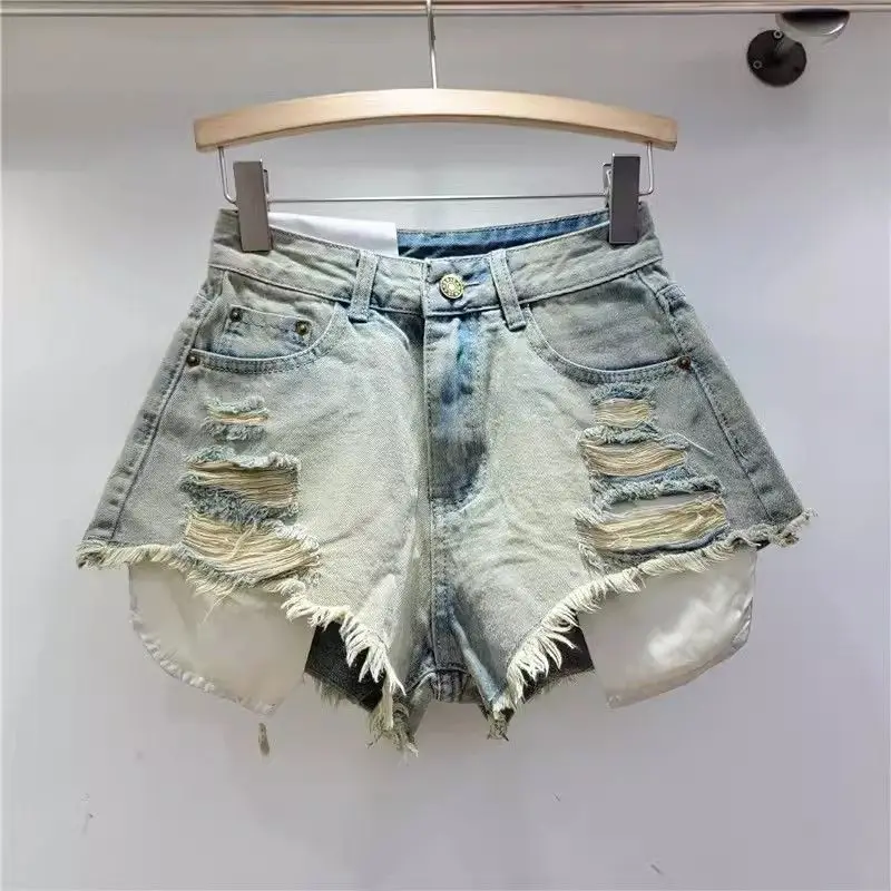 여성용 누출 포켓 스트리트 홀 워싱 레트로 블루 데님 반바지, 스파이스 걸 패션 청바지 핫팬츠, 2025 여름 신상