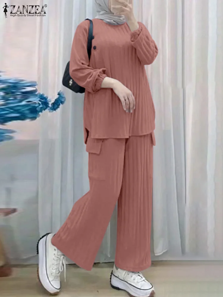 

Комплект одежды ZANZEA Duabi в мусульманском стиле, однотонный Повседневный Топ с длинным рукавом, женские подходящие комплекты, брюки с широкими штанинами, свободные брюки в рубчик, 2 шт.