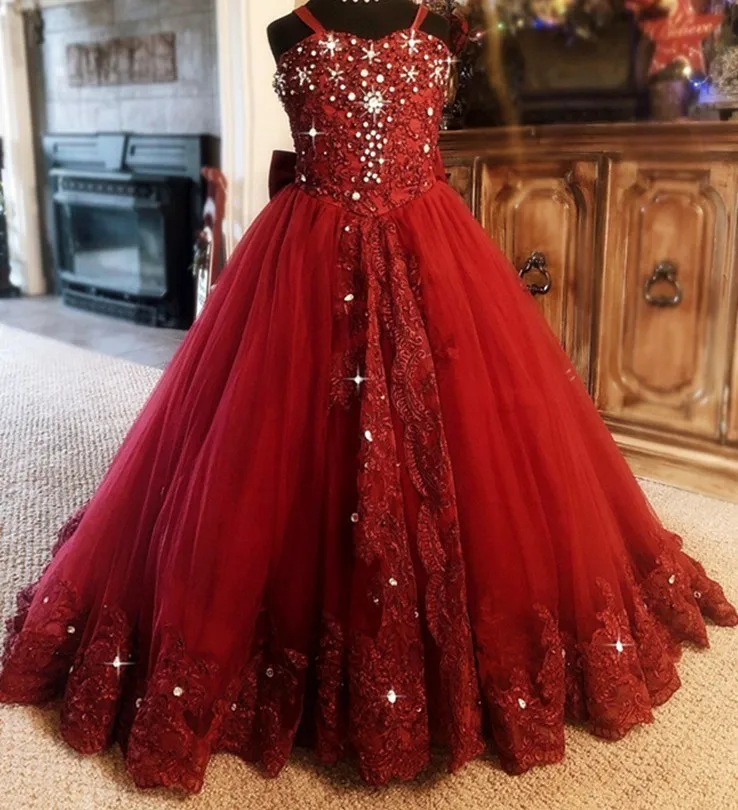 

Red Flower Girl Dress Spaghetti Rhinestone Applique Wedding Party Tulle Ball Gown Sleeveless Floor Length Princess Dresses Kids
