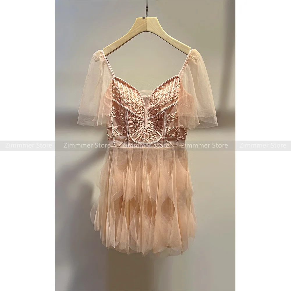 

Vietnam niche design new sleeveless pleated mesh dress dress small thin halter short multi-layer saree skirt