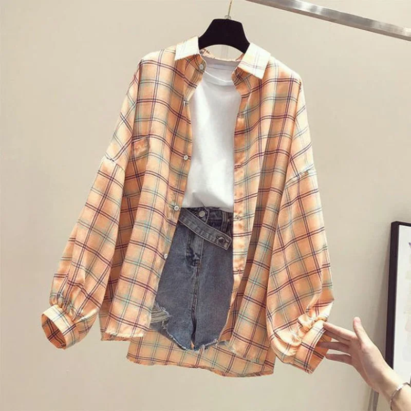 Korean Style Plaid Classic Loose Shirts Blouse Women Daily Cute Student Women Clothing Fashion Vintage Shirt