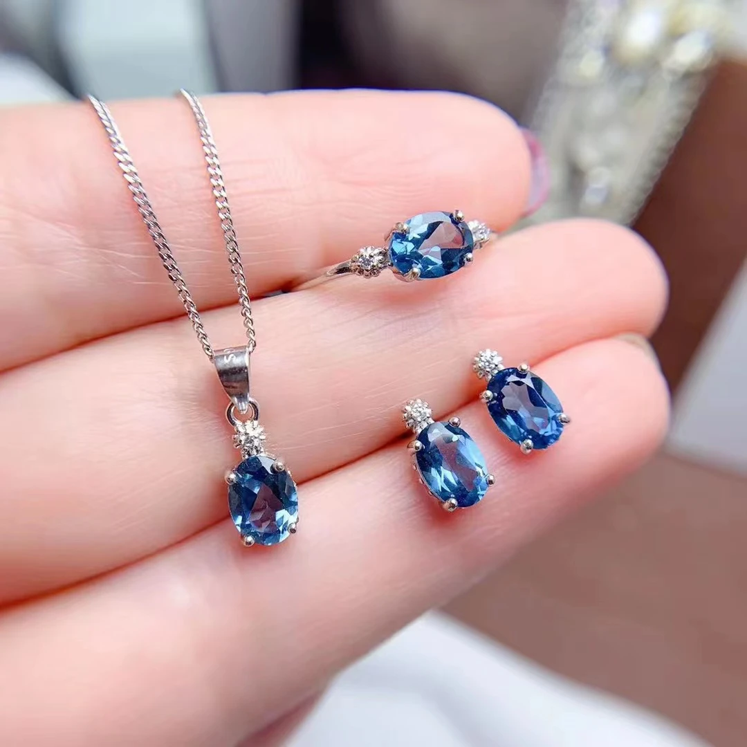 런던 블루 토파즈 반지 귀걸이 및 목걸이 펜던트, 금 도금, 총 2.8ct 천연 토파즈  주얼리 세트, 5mm * 7mm