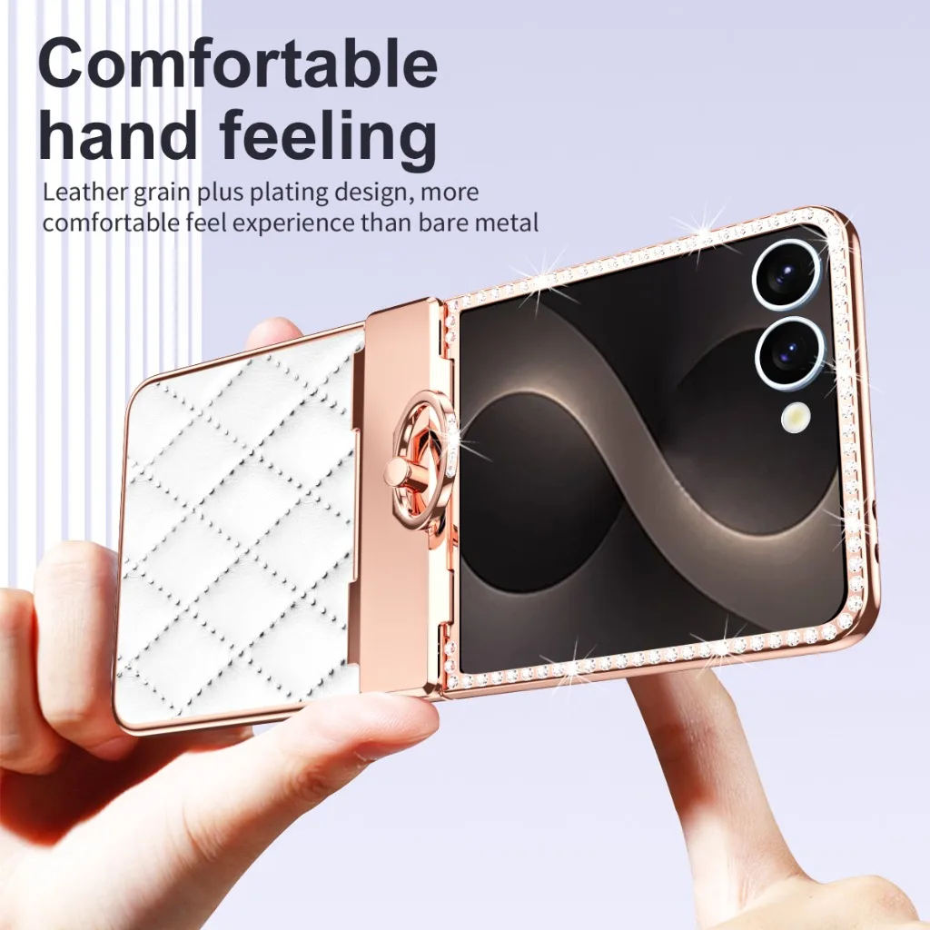 Luxury Bling PU Leather Phone Case with Hinge Ring Holder Stand and Electroplated Frame Cover