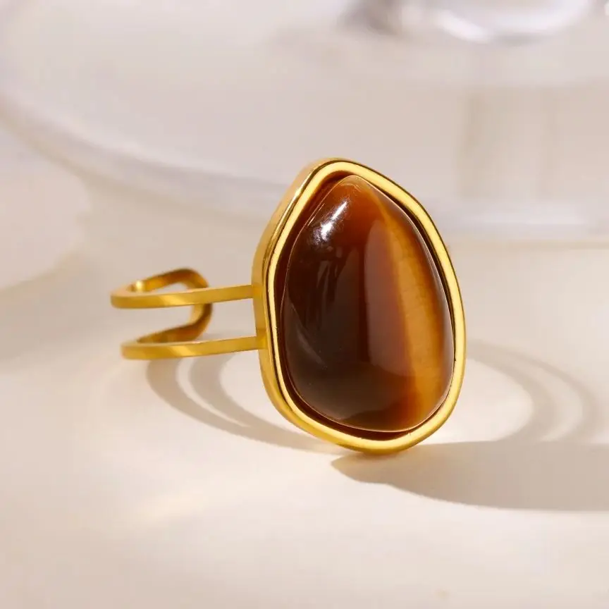 Geometric Stone Rings For Women Gold Color Stainless Steel Adjustable Ring