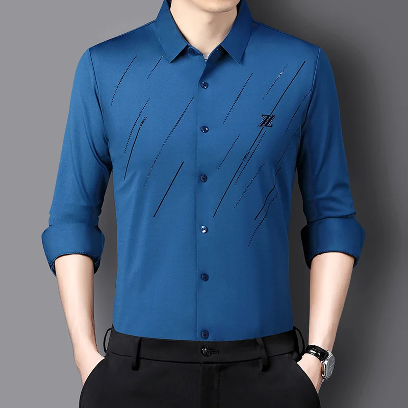 Spring and summer short sleeved men's long sleeved shirt, silky and seamless, solid color, thin and easy to wear casual