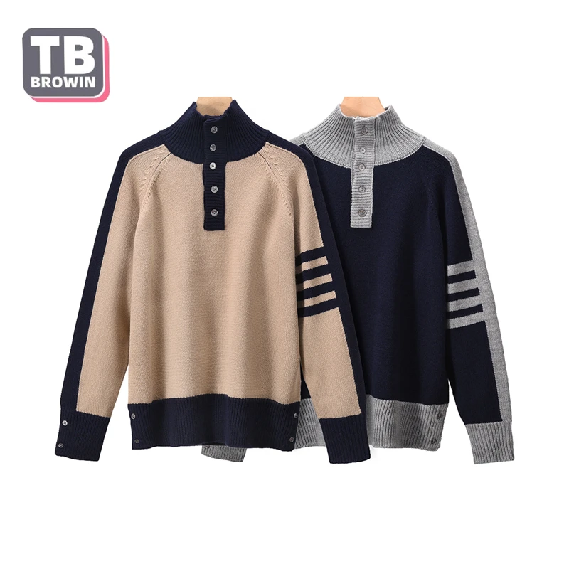 

TB BROWIN Thom Men's Cardigan Sweater high collar Autumn Contrasting Color Four-Bar Wool Stripes Korean Casual Knitted Coat