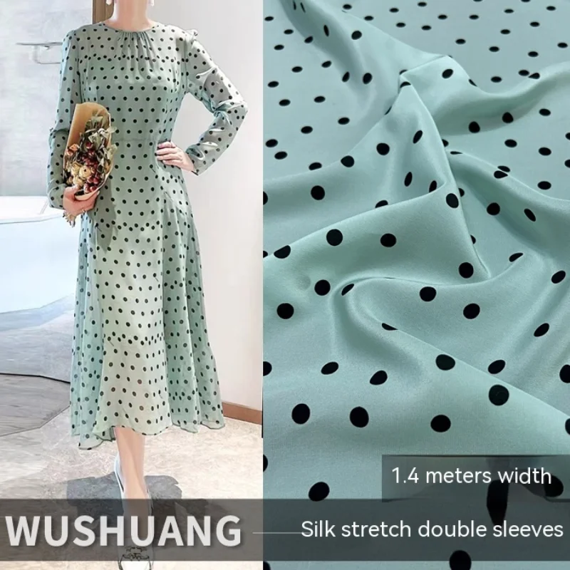 

Silk Crepe De Chine Fabric Spring Summer Shirt Dress Bean Green Polka Dot Print Craft Designer Fashion Wholesale Cloth