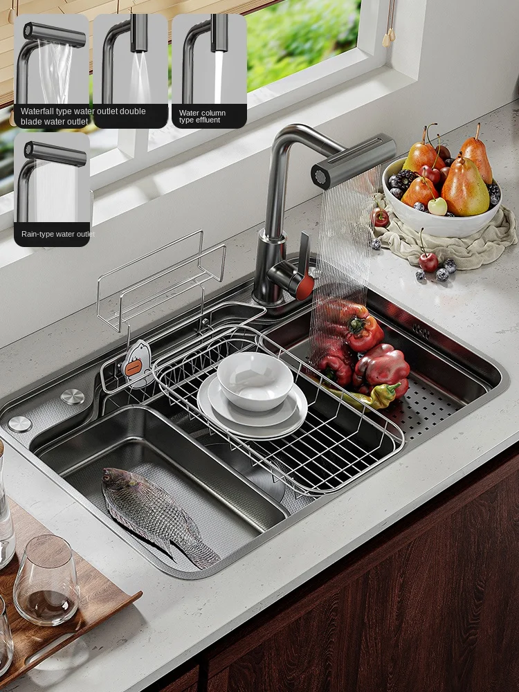 Black Nano 304 StainlessSteel Kitchen Flying Waterfall Digital Display Large Single Dish Basin Sink Honeycomb Silver Water