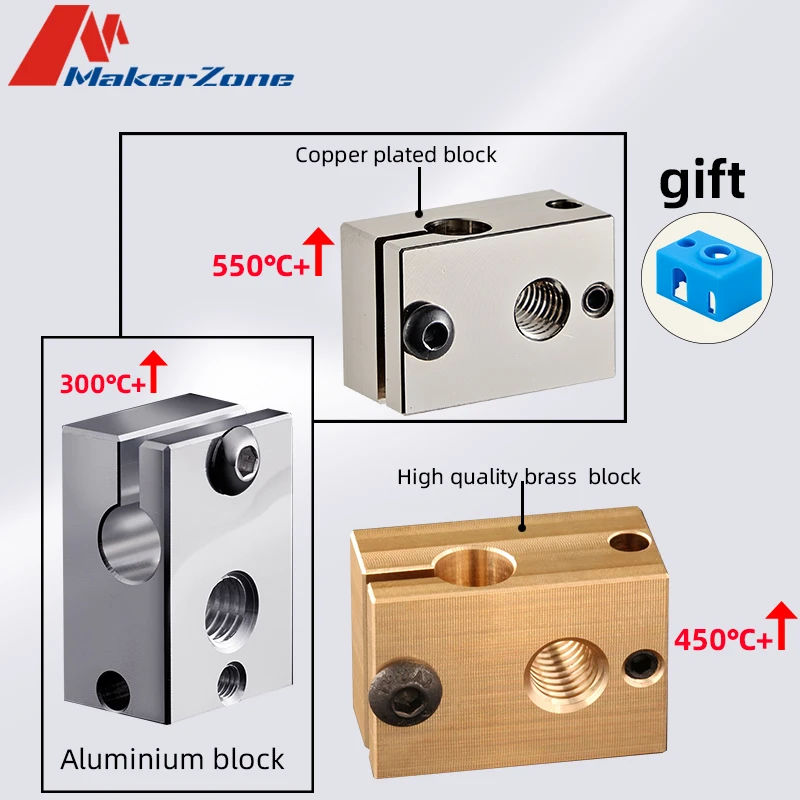 Compatible with E3D V6 Heatblock High Quality PT100 Aluminum Copper Plated Brass Heat Block For Thermistor V6 Hotend Extruder