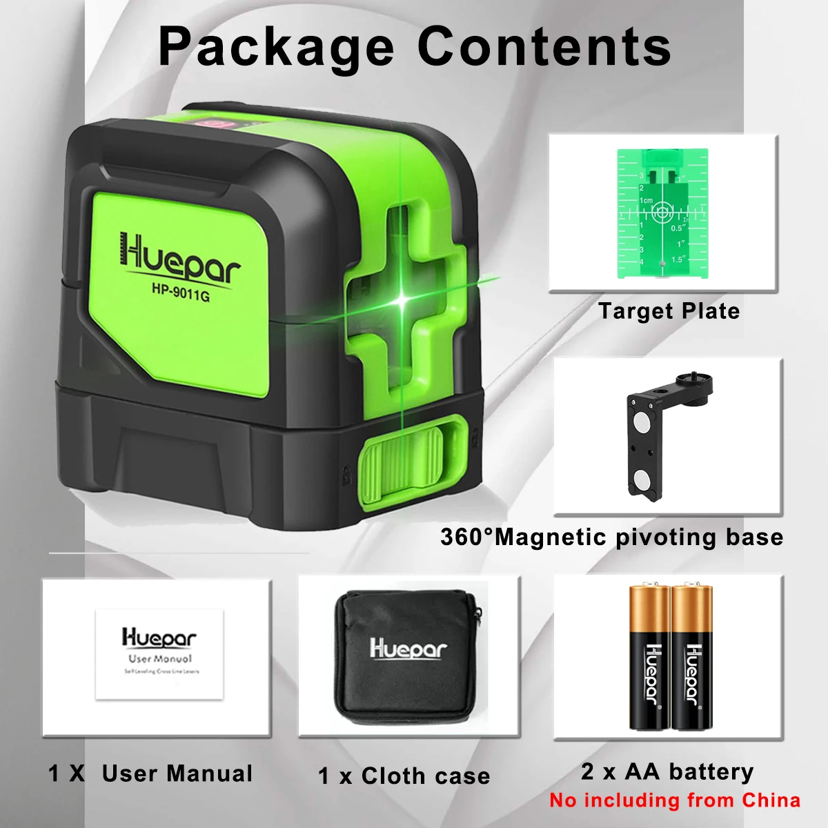 Huepar 2 Lines Laser Level 9011G 3D Cross Line Laser Self-Leveling Horizontal and Vertical Green &Red Beam Magnetic Base