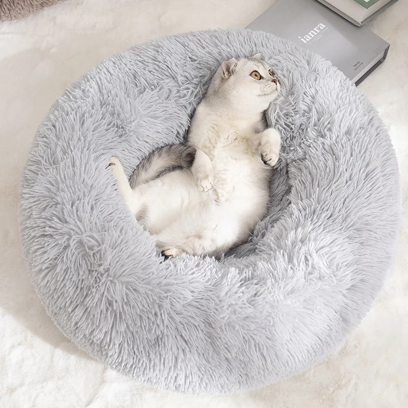 Pet Bed Long Plush Round Donut Anti-anxiety Ped Mat
