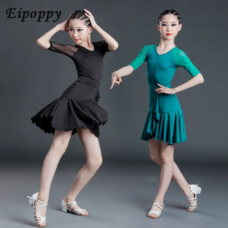 

Children Latin Dance Practice Clothes Examination Dress One-Pieces Short Sleeve Girls Competition Dress