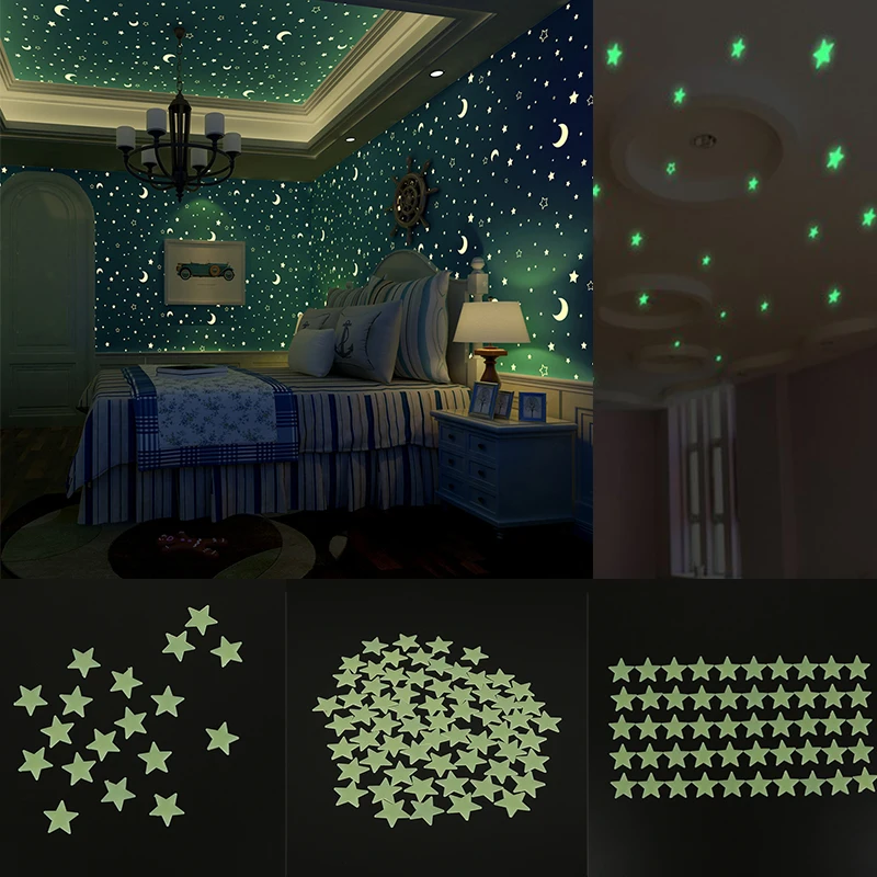 

100Pcs 3D Luminous Stars Wall Stickers Glow In The Dark Wallpaper Fluorescent Wall Art Murals For Baby Kids Room Bedroom Decor