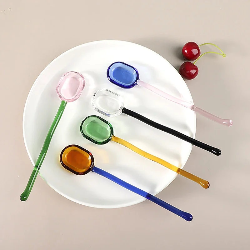 Creative Glass Dessert Spoon Colored Transparent Coffee Dessert Stirring Spoon Long Handle Spoon Kitchen Tableware