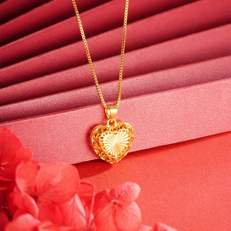 Luxury 24K 9999 Pure Gold real gold Women's Love Pendant Fashion Hollow Heart Pendant Box Chain