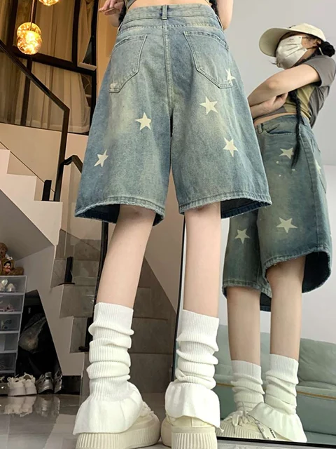Femmes taille haute américain rétro lavé jambe large jean filles rue faire vieille étoile pantalon en Denim ample femme bleu genou longueur Shorts 6